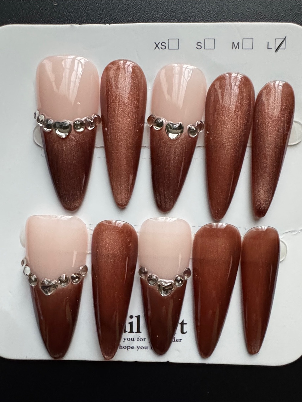 Press-On Stiletto Nails in Shimmery Brown with Nude Accent